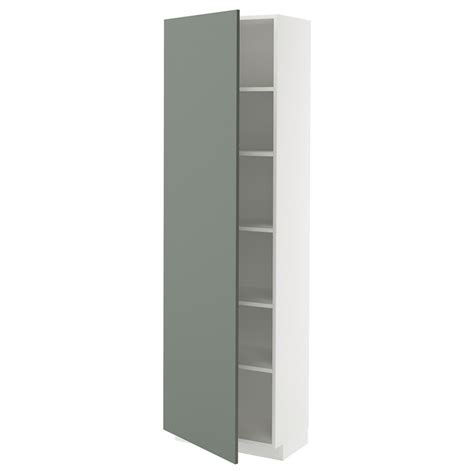 METOD high cabinet with shelves, white/Nickebo matt grey-green ...