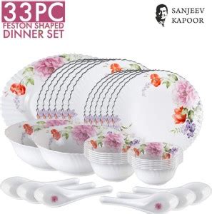 Sanjeev Kapoor Pack of 33 Glass 33 PC WHITE FESTON SHAPE DINNER SET ...