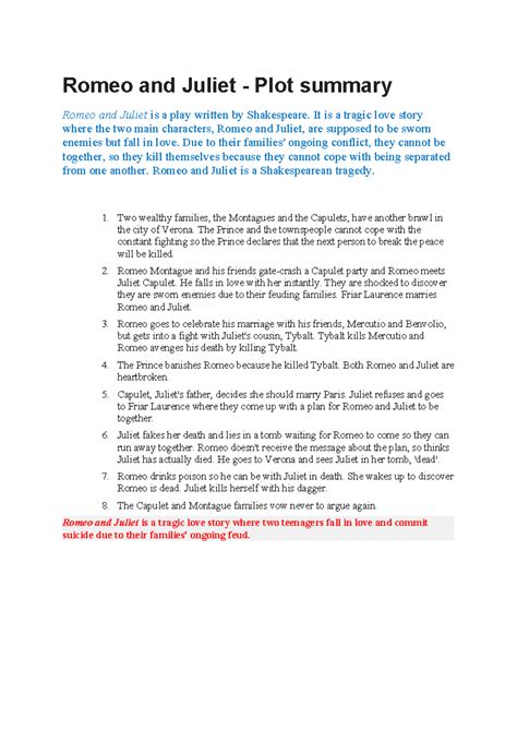 Romeo and Juliet- Plot summary - Romeo and Juliet - Plot summary Romeo ...