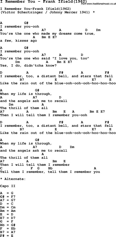 Song I Remember You by Frank Ifield(1962), song lyric for vocal ...