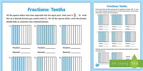 Tenths as Fractions and Decimals Worksheet