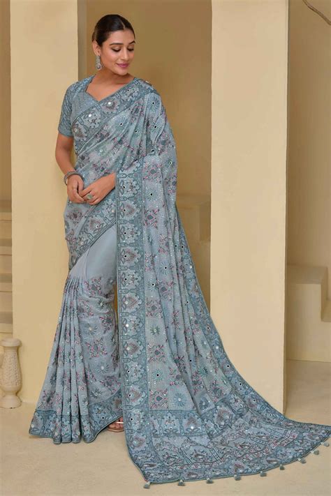 Buy Powder Blue Embroidered Organza Saree From Designer Lehenga Choli