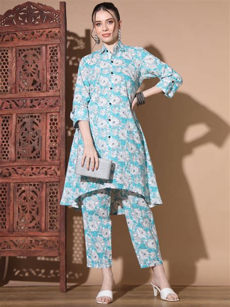 Turquoise Cotton A-Line Co-Ord Set – Vbuyz