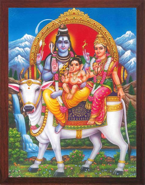 Buy Shiva Parvati and Ganesh sitting on Nandi cow, also ohm symbol is ...