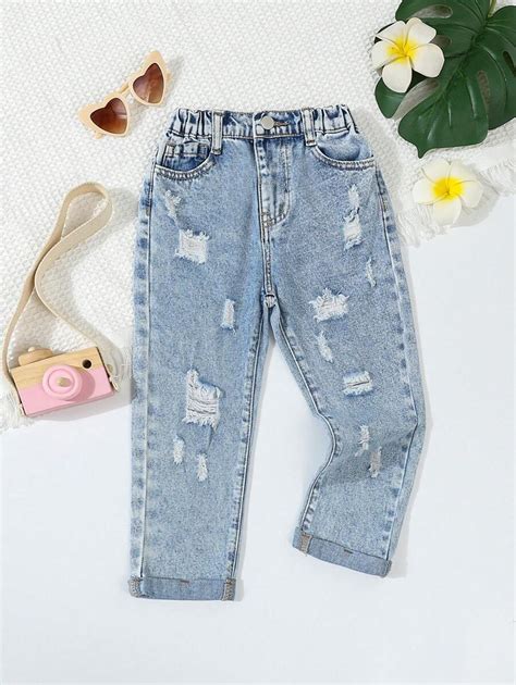 SHEIN Young Girl Daily Boho Casual Butterflies Print Ripped Roll Up Hem ...