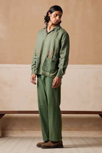 Buy Green Linen Embroidery Bloomer Shacket For Men by Cord Online at ...