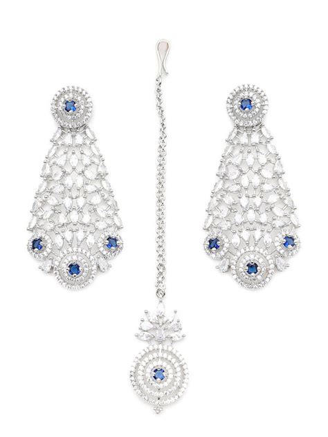 Silver-Plated White & Blue American Diamond Studded Jewellery Set