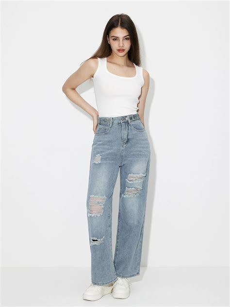 Ripped High Waist Straight Leg Jeans | Savana | Bestsellers