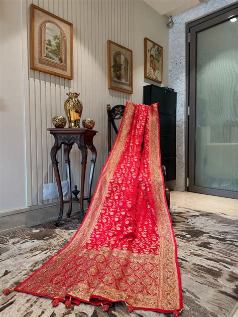 Rani Red Heavy Zari Floral Saree with Embellished Paisley Border & Gra ...