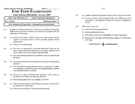 IP University BBA Marketing Management Sample Paper 1 - Jan 2005 - Studocu