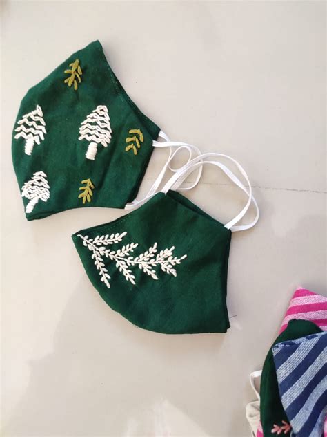Hand embroidered Cotton 2 layer face masks with filter pocket (Pack of ...
