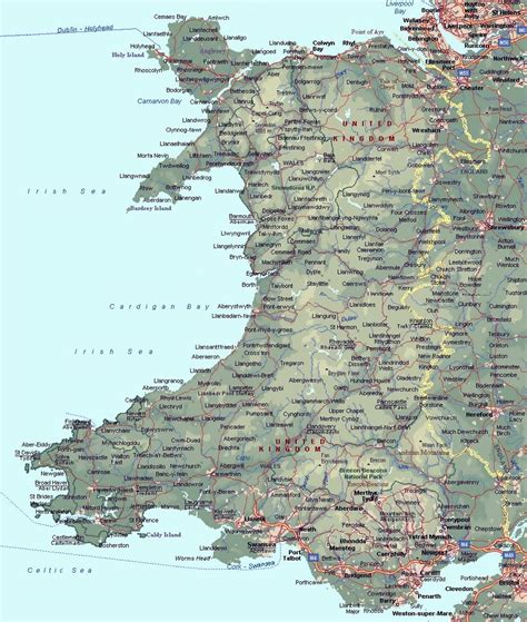 Detailed elevation map of Wales with roads and cities | Wales | United ...