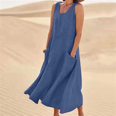 Women's Sleeveless Cotton Linen Loose Long Dress Summer Casual Solid ...