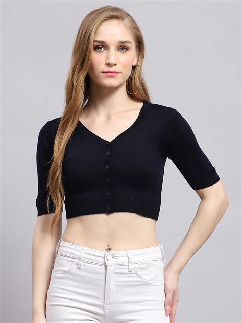 Buy Women Navy Blue Solid V Neck Half Sleeve Blouse Online in India ...