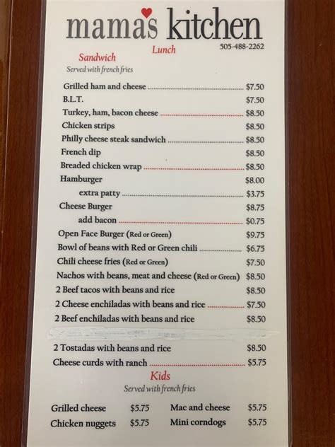 Menu at Mama's Kitchen restaurant, Gallup