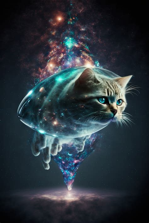 被水滴包围着的火箭猫咪冲向宇宙（7幅，编号P107） – AI绘画图鉴