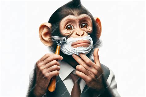 Funny Monkey chimp pretending to shave isolated on solid white ...