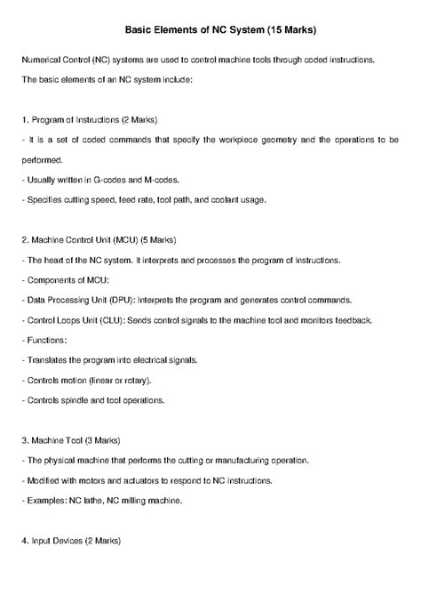 Basic Elements of NC System (15 Marks) - Overview and Functions - Studocu