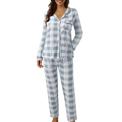 Clearance Sales Women Pajama Sets Women Casual Lapel Button Plaid Print ...
