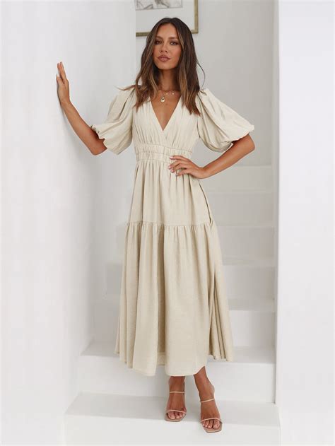 KIMONA SMOCKED SHORT SLEEVE MAXI DRESS - BEIGE | Midi dress with ...