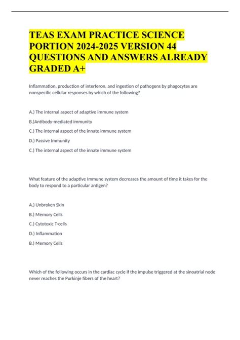 TEAS EXAM PRACTICE SCIENCE PORTION VERSION 44 QUESTIONS AND ANSWERS ...