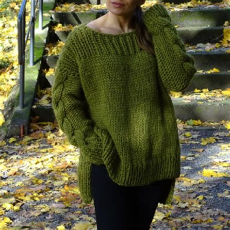 Olive Green Merino Wool Sweater Chunky Loose Knit Long Tunic Dress ...