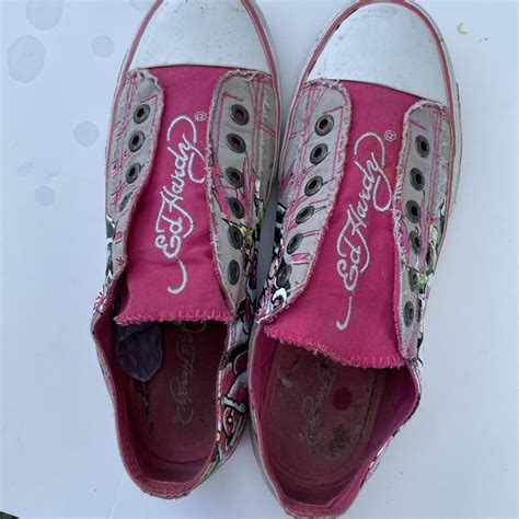 ed hardy pink and grey converse type shoes in used... - Depop