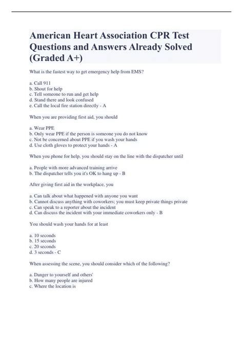 American Heart Association CPR Test Questions and Answers Already ...