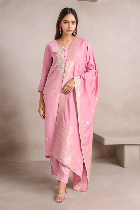 Buy Peach Kurta And Pant Viscose Chanderi Embroidery Zardozi Round Set ...