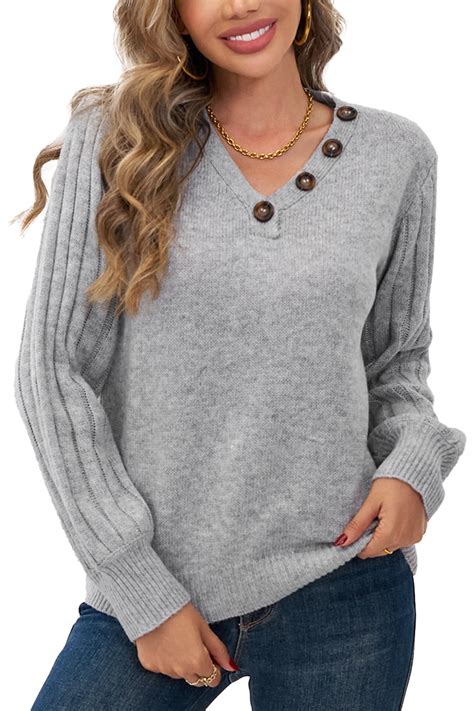 SOMER Women's Pullover Sweaters V Neck Casual with Button Long Sleeve ...