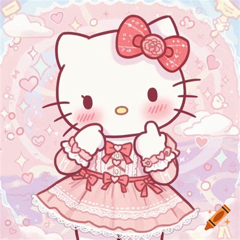Cute cartoon Hello Kitty in a pink dress standing outdoors with hearts ...