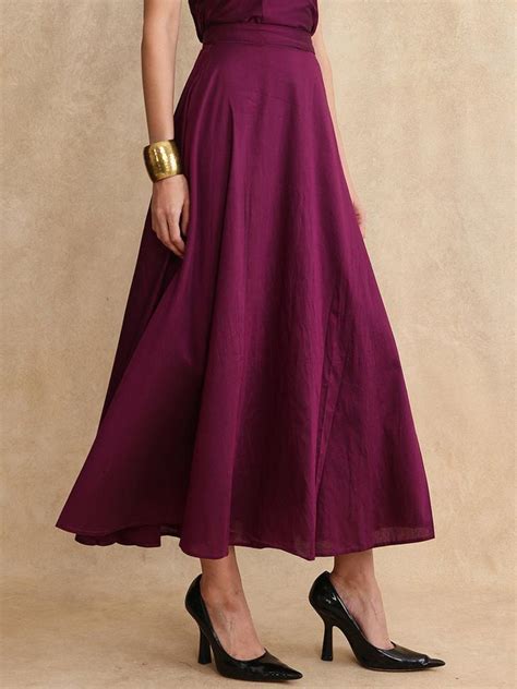 Rareism Women's Carfa B Purple Silk Plain Maxi Flared Skirt