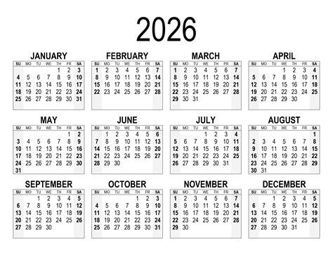 Free Printable Calendar 2026 (week starts from Sunday) – free-calendar.su
