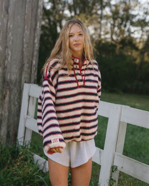 Striped Fleece Pullover in Navy and Red Stripe – Eleven Eleven