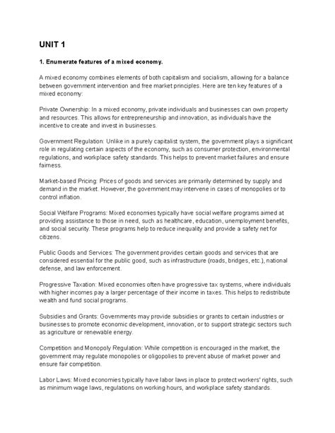 Indianeco notes - UNIT 1 Enumerate features of a mixed economy. A mixed ...
