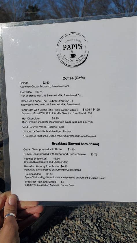 Menu at Papi’s Cuban Cafe, Cary