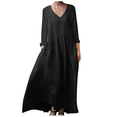 VEKDONE Plus Size Cotton Linen Maxi Dress for Women Long Sleeve Loose ...