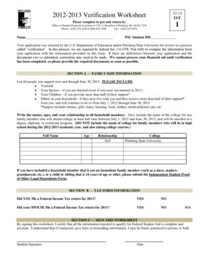 Fillable Online pittstate I 2012-2013 Verification Worksheet ...
