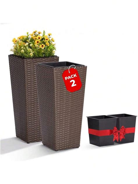 All Weather Wicker Planters For Outdoor Plants Set Of 2, 24 Inch Tall ...