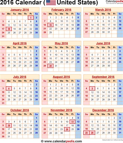 2016 Calendar with Federal Holidays