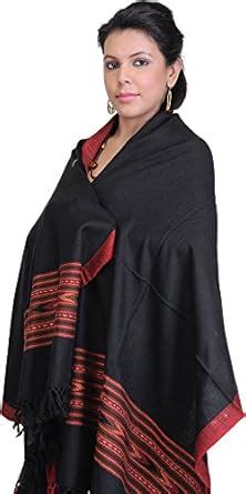 Buy Exotic India Black Doeskin Stole from Kullu with Kinnauri Woven Red ...