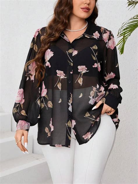 SHEIN Privé Plus Size Elegant See-Through Chiffon Pink Flower Printed ...