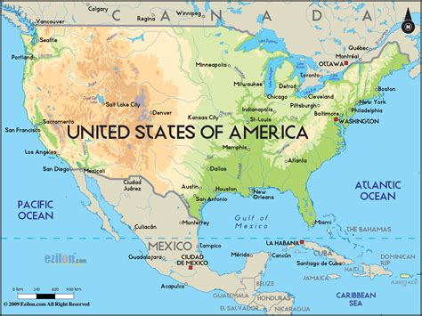Large physical map of the United States with major cities | USA (United ...