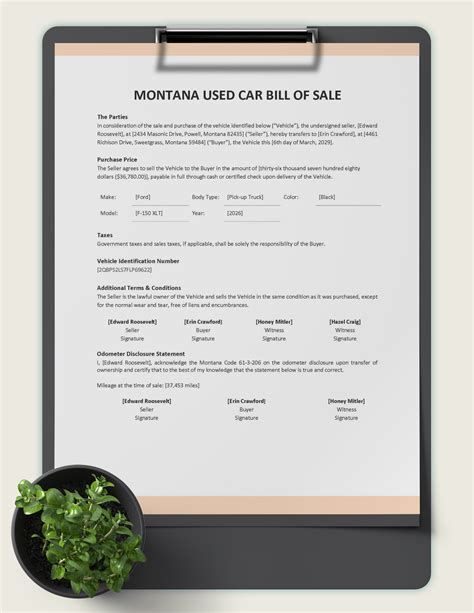 Montana Used Car Bill of Sale Template in Google Docs, PDF, Word ...