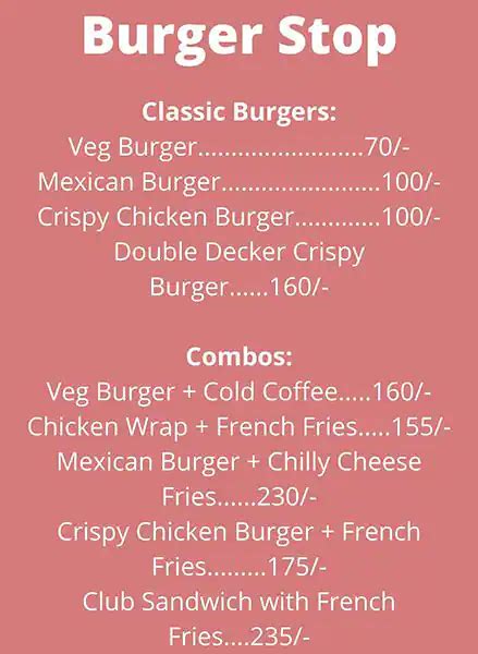 Menu of Burger Stop, Old Goa, Goa