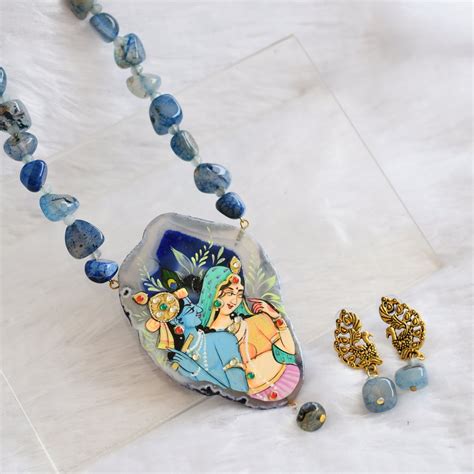 Hand painted radha-krishna sliced agate pendant with blue onyx beaded ...