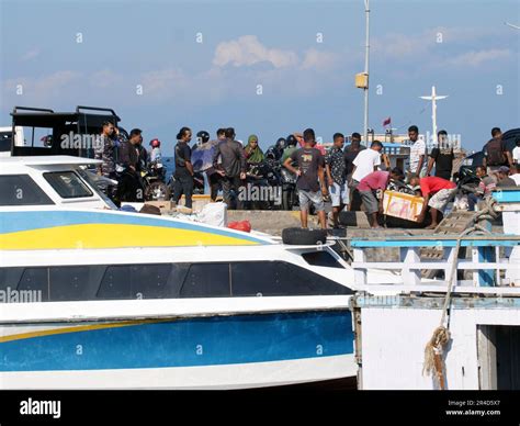 Maumere, Indonesia-May 23, 2023: An inter-island ferry in Indonesia is sailing from the port of ...