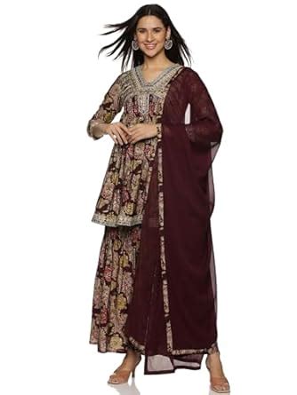 RAJMANDIRFABRICS Women's Cotton Embroidered Anarkali Kurta Sharara With ...