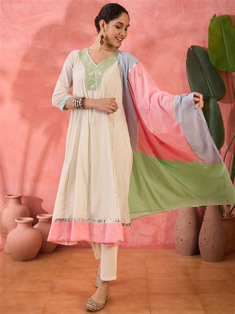 Floral Embroidered Pure Cotton Anarkali Kurta With Trousers & Dupatta ...