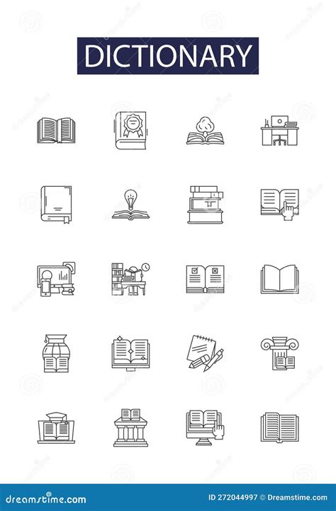 Dictionary Line Vector Icons and Signs. Vocabulary, Glossary, Onomasticon, Thesaurus, Roget ...